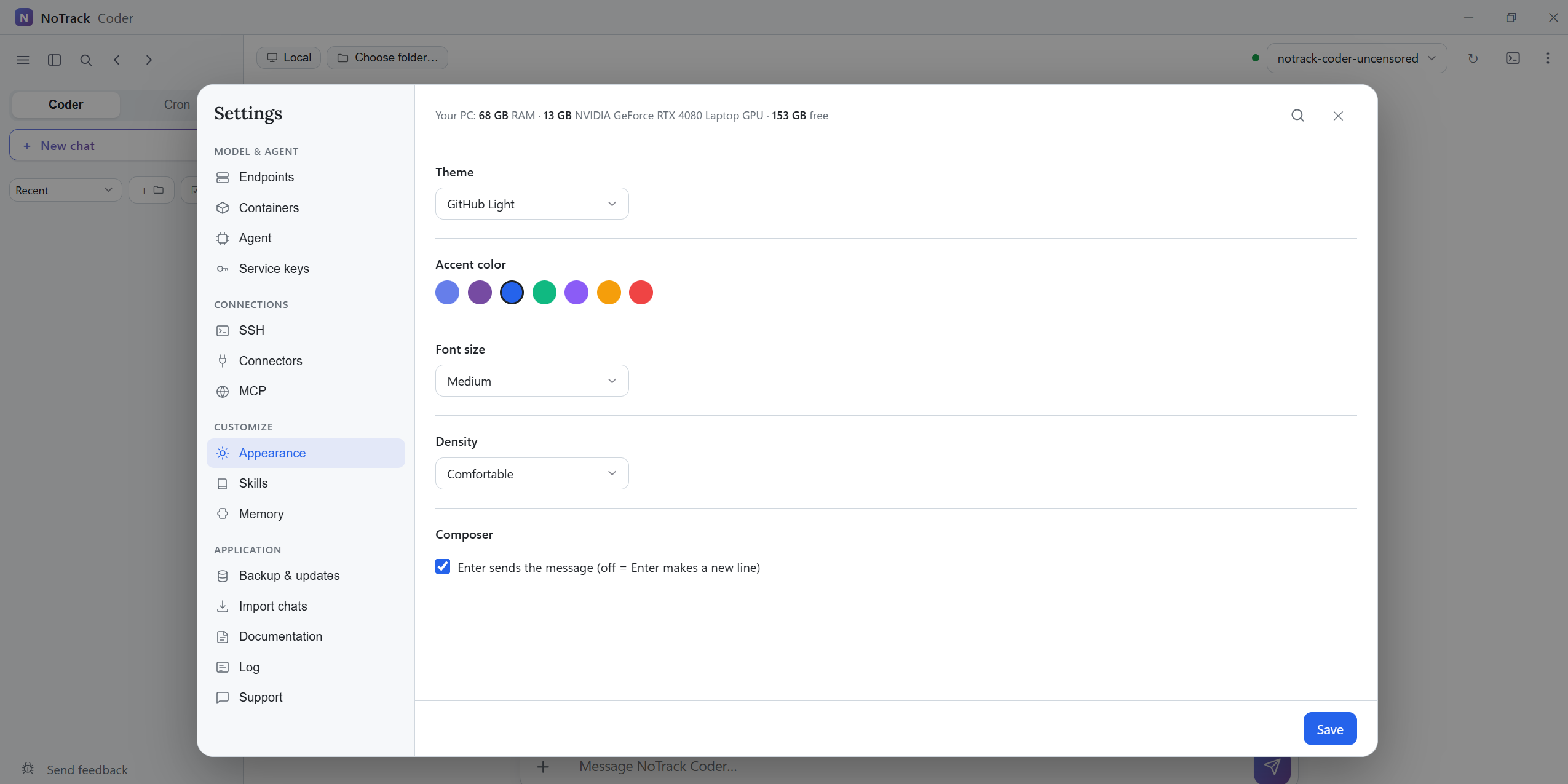 Shared reference preview: appearance settings for theme, accent color, font size, density, and composer behavior.