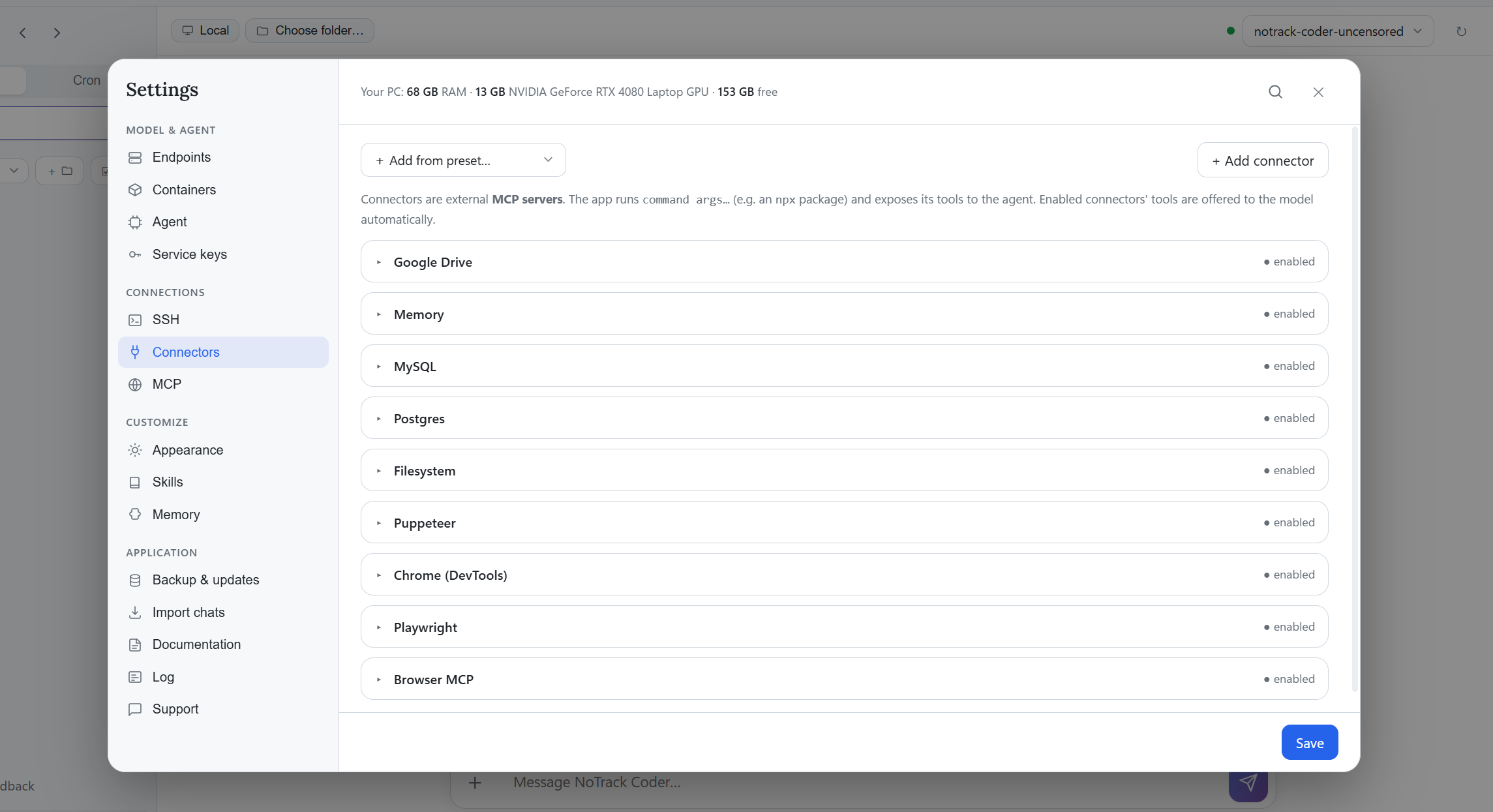 Shared reference preview: a connector list inside settings. A listed service does not establish availability in the final product.